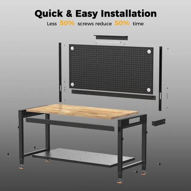 Alt view image 5 of 7 - CAMMOO 48" Heavy Duty Work Bench Adjustable Height Max Load 2000 LBS with Storage Shelf for Garage Workbench, Rubberwood Tabletop with Pegboard, LED Light, Built-in Power Strip for Woodworking Shop