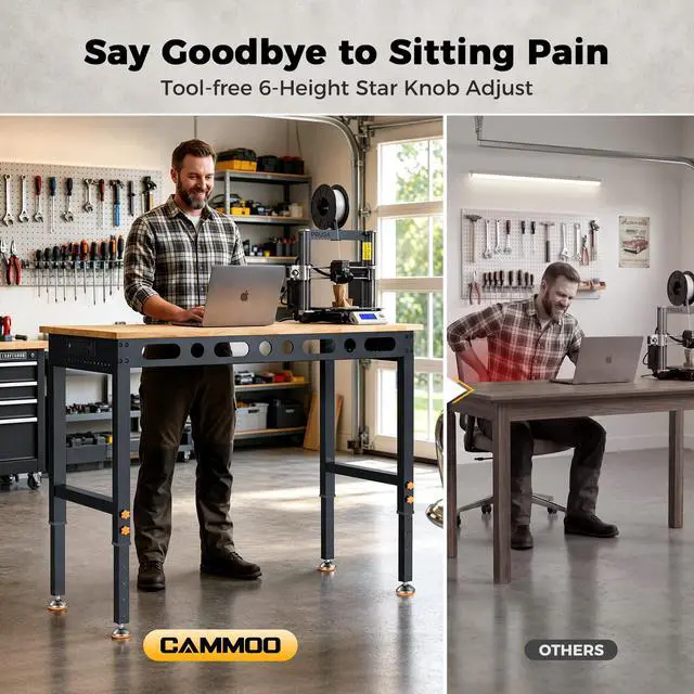 Alt view image 6 of 7 - CAMMOO 48 Inch Adjustable Workbench 2000 LBS Capacity, Power Strip, Solid Rubber Wood Top, Heavy Duty Craft Work Table for Home, Garage, Workshop, and Office