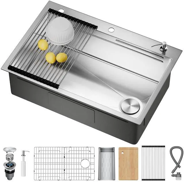 Main image of CAMMOO 33X22 Drop In Kitchen Sink with Pop-Up Drain, 304 Stainless Steel Workstation Sink, Upgraded Fast Drain, Topmount Single Bowl with Accessories, Foldable Grid for Easy Cleaning