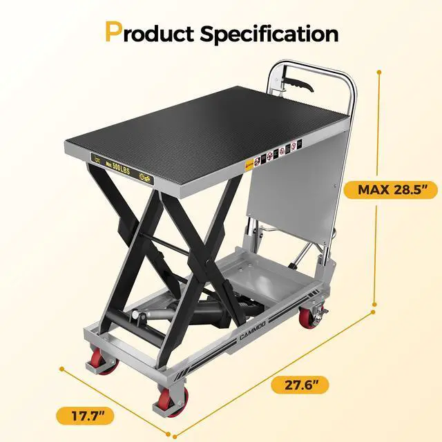 Alt view image 2 of 7 - CAMMOO Hydraulic Lift Table Cart, 500lbs Capacity, 28.5" Lifting Height, Single Scissor Lift with Non-Slip Pad & Safety Guard Foldable Handle for Material Handling and Transportation, Gray