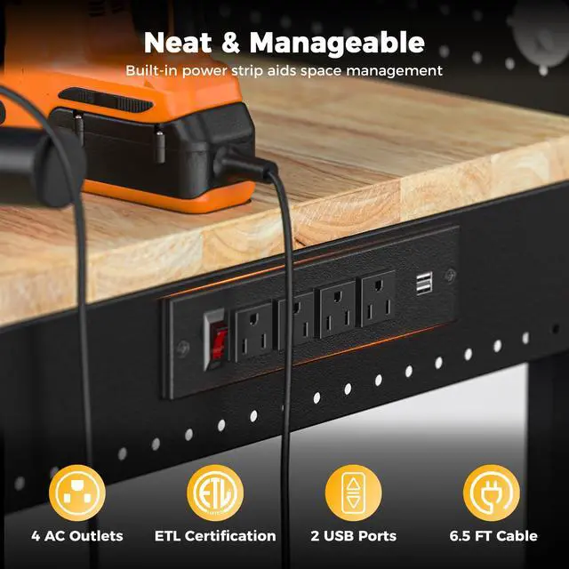 Alt view image 4 of 7 - CAMMOO 48" Heavy Duty Work Bench Adjustable Height Max Load 2000 LBS with Storage Shelf for Garage Workbench, Rubberwood Tabletop with Pegboard, LED Light, Built-in Power Strip for Woodworking Shop