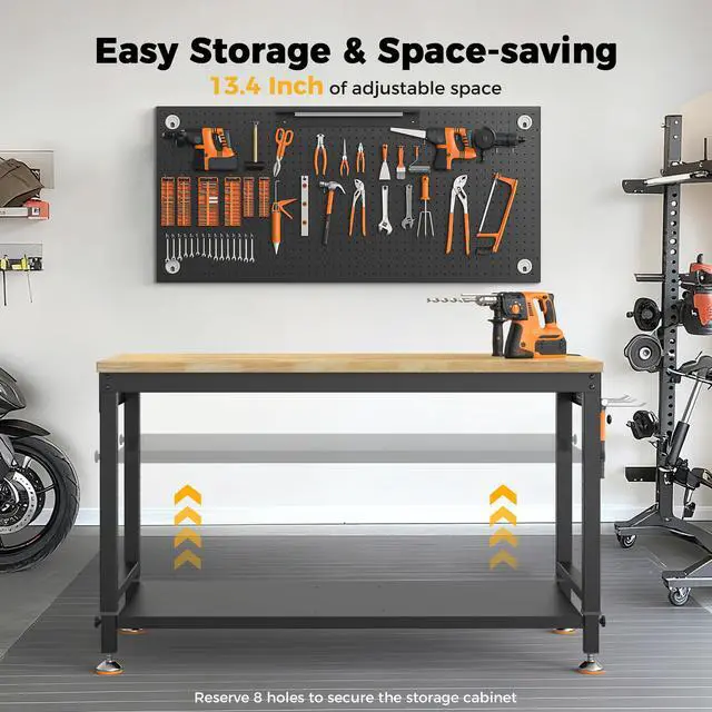 Alt view image 7 of 7 - CAMMOO 48" Heavy Duty Work Bench Adjustable Height Max Load 2000 LBS with Storage Shelf for Garage Workbench, Rubberwood Tabletop with Pegboard, LED Light, Built-in Power Strip for Woodworking Shop
