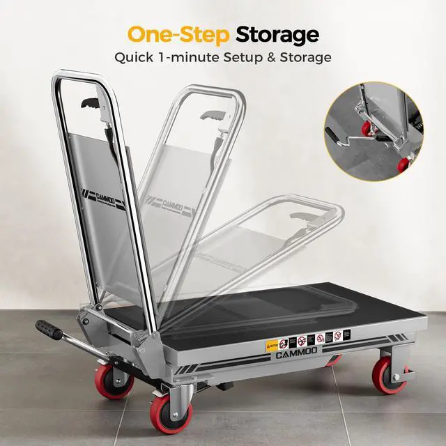 Alt view image 4 of 7 - CAMMOO Hydraulic Lift Table Cart, 500lbs Capacity, 28.5" Lifting Height, Single Scissor Lift with Non-Slip Pad & Safety Guard Foldable Handle for Material Handling and Transportation, Gray