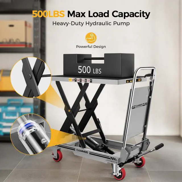 Alt view image 5 of 7 - CAMMOO Hydraulic Lift Table Cart, 500lbs Capacity, 28.5" Lifting Height, Single Scissor Lift with Non-Slip Pad & Safety Guard Foldable Handle for Material Handling and Transportation, Gray