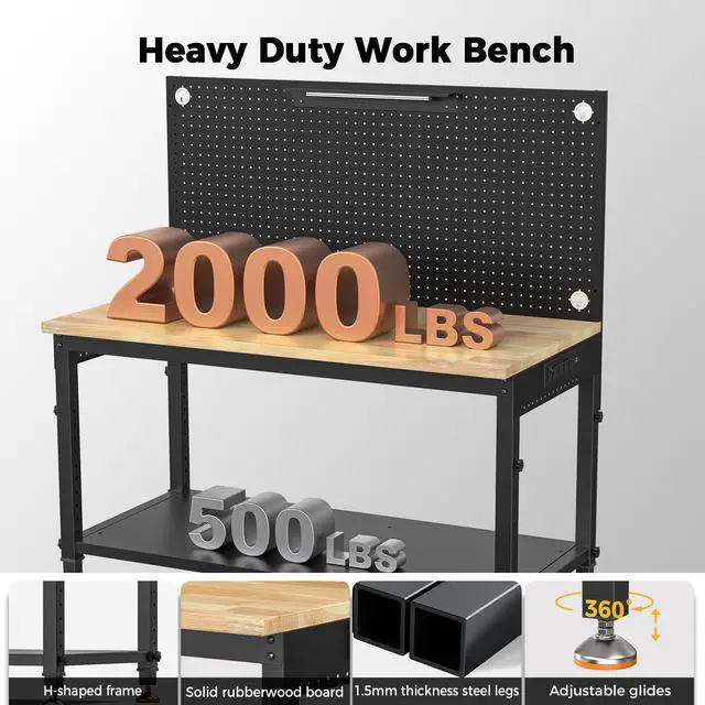 Alt view image 6 of 7 - CAMMOO 48" Heavy Duty Work Bench Adjustable Height Max Load 2000 LBS with Storage Shelf for Garage Workbench, Rubberwood Tabletop with Pegboard, LED Light, Built-in Power Strip for Woodworking Shop