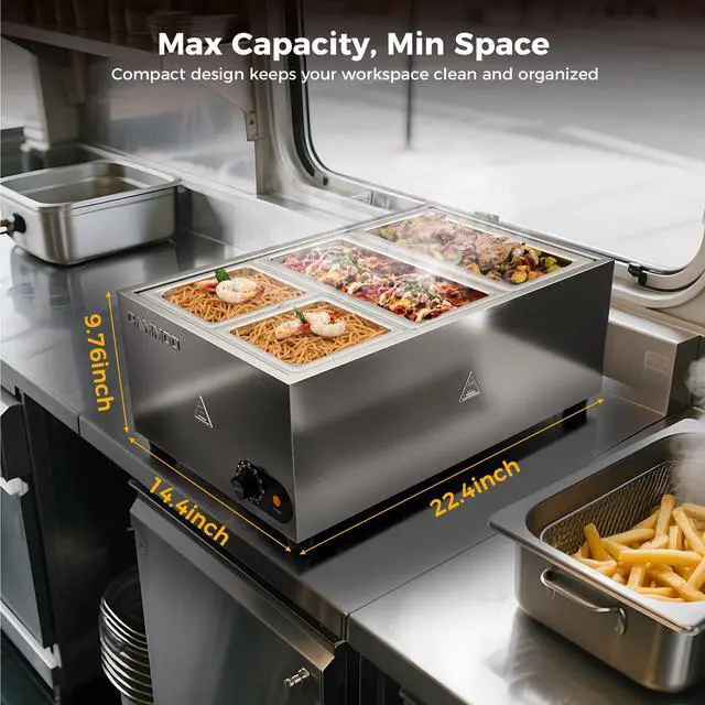 Alt view image 5 of 5 - CAMMOO 1200W Electric Steam Table Food Warmer, Bain Marie 86-185°F Adjustable Temp, Countertop Stainless Steel Buffet Steam, Commercial Food Steamer for Catering Restaurant