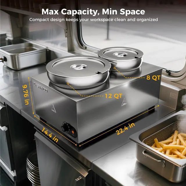 Alt view image 6 of 6 - CAMMOO 20qt 2-in-1 Electric Soup Warmer and Steam Table Food Warmer, 1200W Stainless Steel Bain Marie Pot, 86~185°F Adjustable Temp, Commercial Soup Kettle for Catering Restaurant Buffet