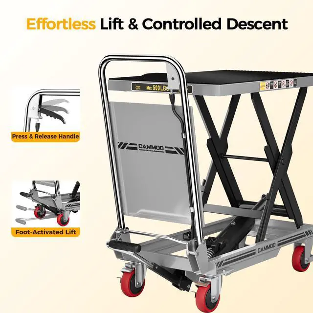 Alt view image 7 of 7 - CAMMOO Hydraulic Lift Table Cart, 500lbs Capacity, 28.5" Lifting Height, Single Scissor Lift with Non-Slip Pad & Safety Guard Foldable Handle for Material Handling and Transportation, Gray