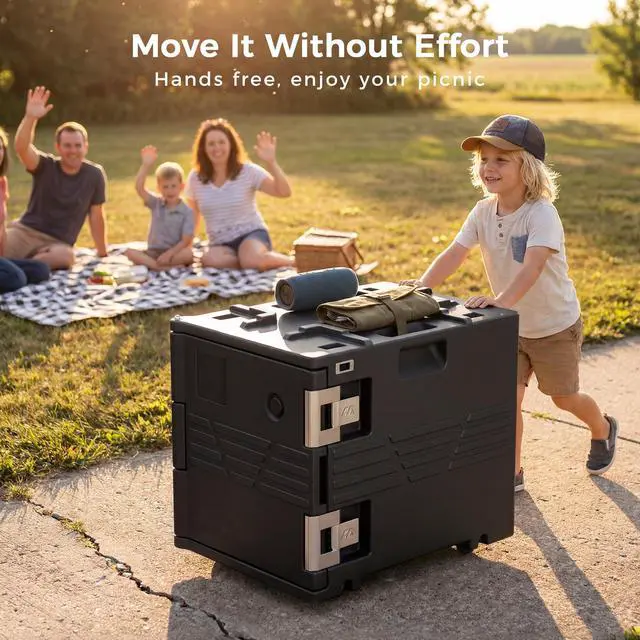 Alt view image 4 of 7 - CAMMOO Black 82QT Non-Electric Hot Box Food Warmer with Wheels, 304 Stainless Steel Latch, Insulated Food Carrier for 5 Full-Size Pans(NOT Included), Food Warmer Box Hot Boxes for Catering