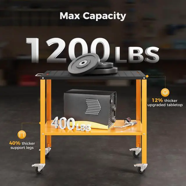 Alt view image 4 of 7 - CAMMOO 1200LBS Welding Table, 36"x18" Welding Workbench, Black Oxide Finish Tabletop with 4 Lockable Braking Casters, Storage Tray, 4 Tool Slots and 5/8'' Fixture Holes for Garage & Workshop