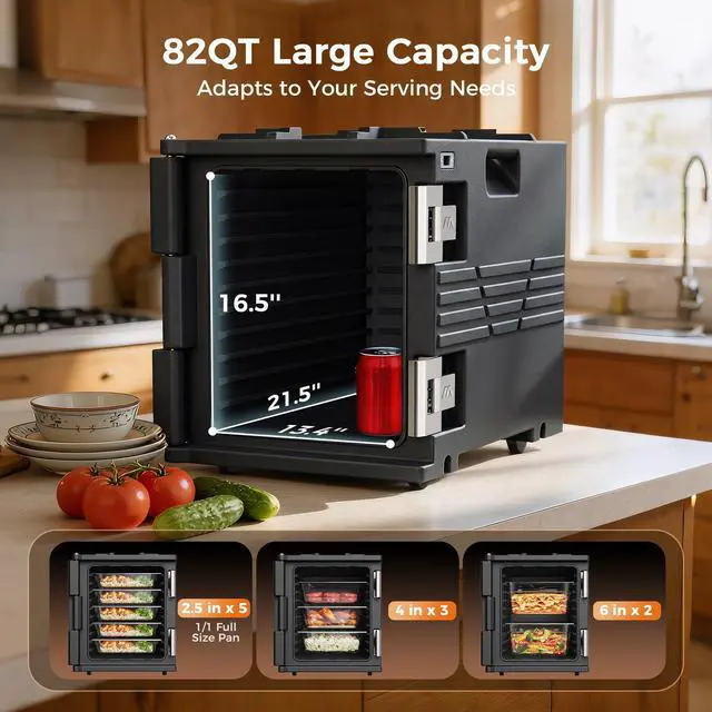 Alt view image 7 of 7 - CAMMOO Black 82QT Non-Electric Hot Box Food Warmer with Wheels, 304 Stainless Steel Latch, Insulated Food Carrier for 5 Full-Size Pans(NOT Included), Food Warmer Box Hot Boxes for Catering