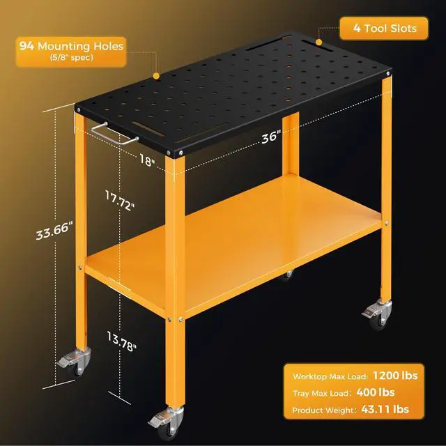 Alt view image 7 of 7 - CAMMOO 1200LBS Welding Table, 36"x18" Welding Workbench, Black Oxide Finish Tabletop with 4 Lockable Braking Casters, Storage Tray, 4 Tool Slots and 5/8'' Fixture Holes for Garage & Workshop