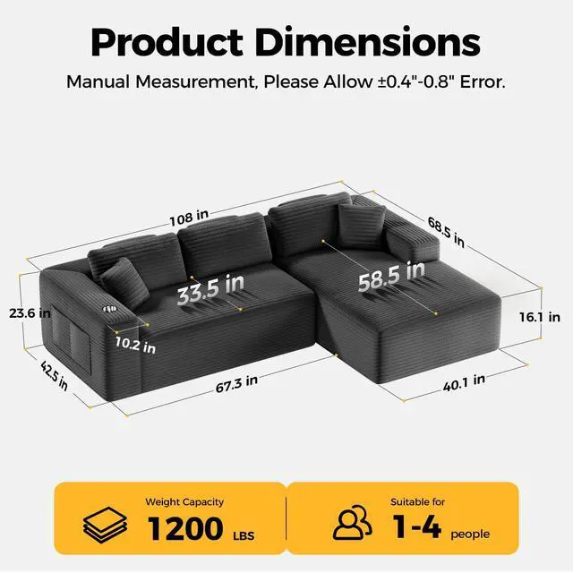 Alt view image 2 of 7 - CAMMOO 108" L-Shaped Boneless Sectional Sofa, No Assembly Deep Seat with Storage, Grey