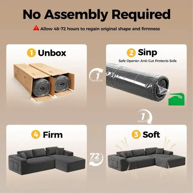 Alt view image 3 of 7 - CAMMOO 108" L-Shaped Boneless Sectional Sofa, No Assembly Deep Seat with Storage, Grey