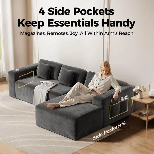 Alt view image 7 of 7 - CAMMOO 108" L-Shaped Boneless Sectional Sofa, No Assembly Deep Seat with Storage, Grey