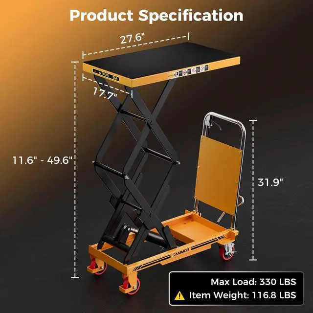 Alt view image 2 of 7 - CAMMOO Hydraulic Lift Table Cart, 330lbs Capacity 49.6" Lifting Height, Double Scissor Lift Table with Non-Slip Pad & Safety Guard for Material Handling & Transportation, Yellow