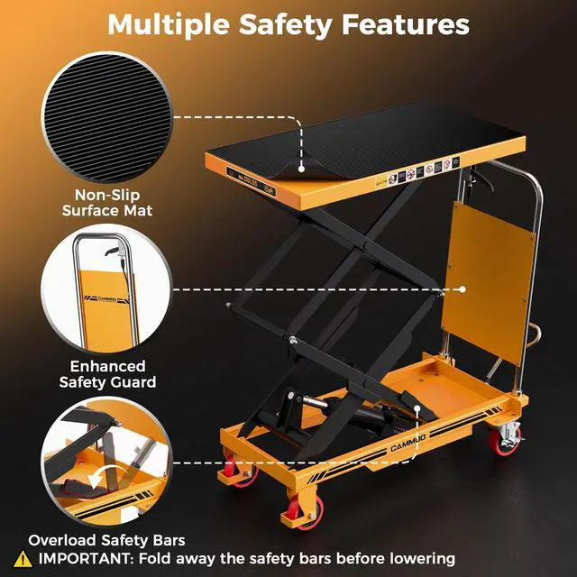 Alt view image 4 of 7 - CAMMOO Hydraulic Lift Table Cart, 330lbs Capacity 49.6" Lifting Height, Double Scissor Lift Table with Non-Slip Pad & Safety Guard for Material Handling & Transportation, Yellow