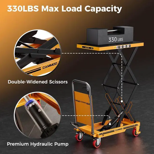 Alt view image 6 of 7 - CAMMOO Hydraulic Lift Table Cart, 330lbs Capacity 49.6" Lifting Height, Double Scissor Lift Table with Non-Slip Pad & Safety Guard for Material Handling & Transportation, Yellow