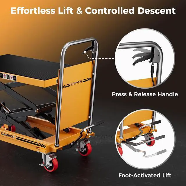 Alt view image 7 of 7 - CAMMOO Hydraulic Lift Table Cart, 330lbs Capacity 49.6" Lifting Height, Double Scissor Lift Table with Non-Slip Pad & Safety Guard for Material Handling & Transportation, Yellow