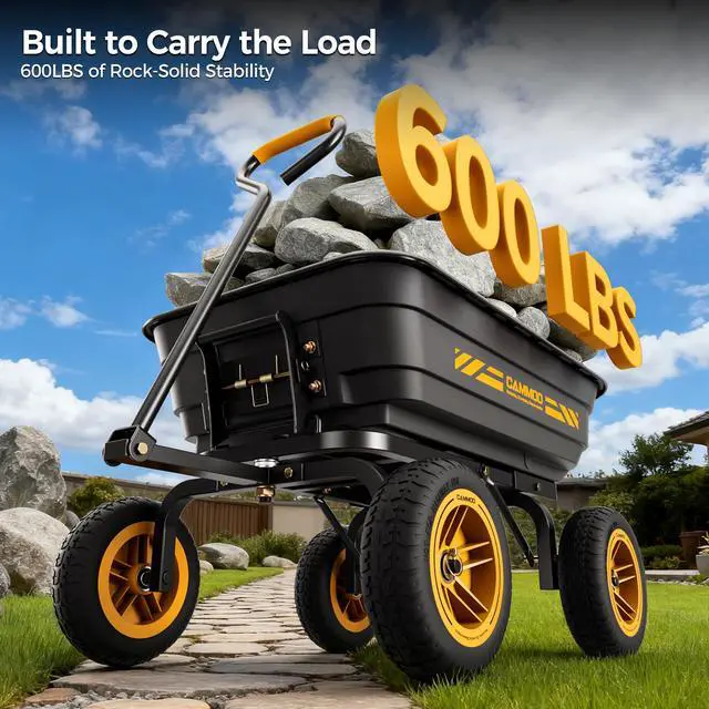 Alt view image 4 of 7 - CAMMOO 10-in NO-FLAT TIRES 600lb Heavy-Duty Garden Dump Cart 4 Cu.Ft. Utility Wagon with Quick-Release Dumping & Prime Grade 100% Virgin Polypropylene - Not Recycled Material for Landscaping Gardening