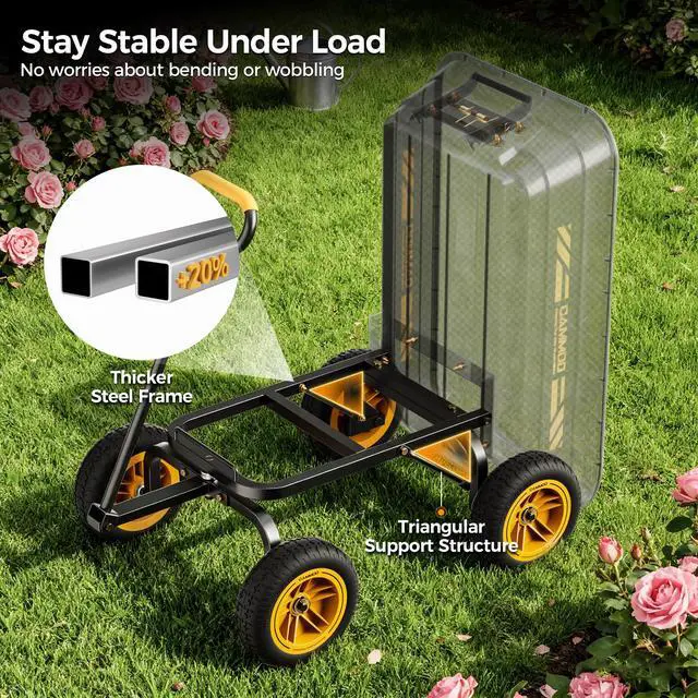 Alt view image 5 of 7 - CAMMOO 10-in NO-FLAT TIRES 600lb Heavy-Duty Garden Dump Cart 4 Cu.Ft. Utility Wagon with Quick-Release Dumping & Prime Grade 100% Virgin Polypropylene - Not Recycled Material for Landscaping Gardening