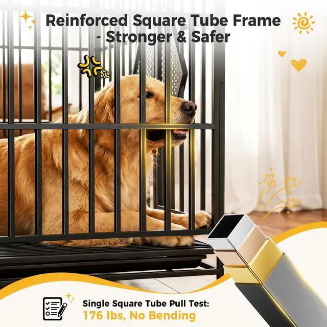 Alt view image 2 of 7 - CAMMOO 48'' Heavy Duty Dog Crates for Large Dogs Escape-Proof Dual Top Fences, Reinforced Square Tube Frame, Dog Kennel Indoor, Easy-Clean Split Floor, Extra-Wide Door, Dog Cage for High Anxiety Dog