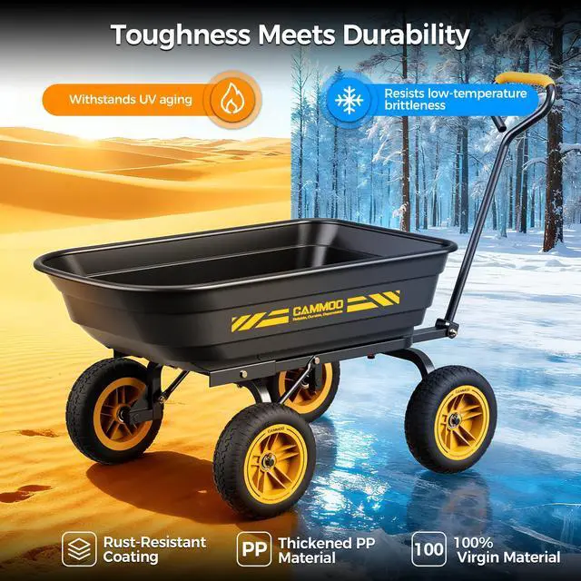 Alt view image 6 of 7 - CAMMOO 10-in NO-FLAT TIRES 600lb Heavy-Duty Garden Dump Cart 4 Cu.Ft. Utility Wagon with Quick-Release Dumping & Prime Grade 100% Virgin Polypropylene - Not Recycled Material for Landscaping Gardening