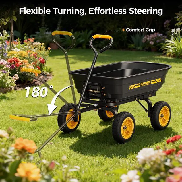 Alt view image 7 of 7 - CAMMOO 10-in NO-FLAT TIRES 600lb Heavy-Duty Garden Dump Cart 4 Cu.Ft. Utility Wagon with Quick-Release Dumping & Prime Grade 100% Virgin Polypropylene - Not Recycled Material for Landscaping Gardening