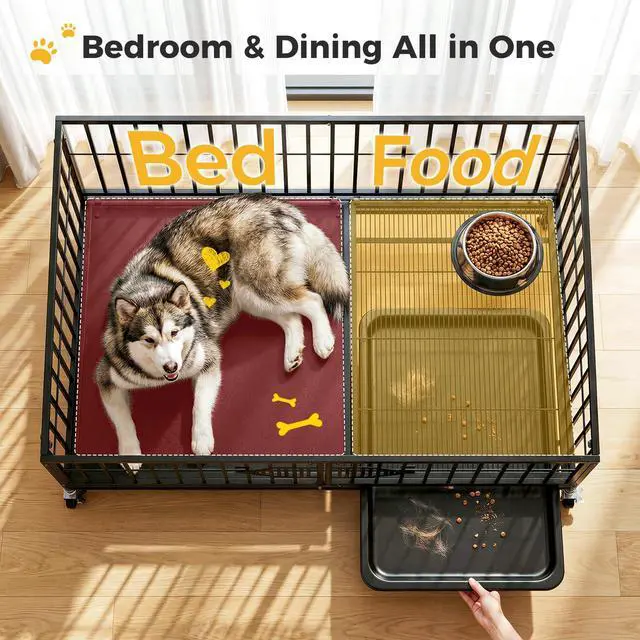 Alt view image 4 of 7 - CAMMOO 48'' Heavy Duty Dog Crates for Large Dogs Escape-Proof Dual Top Fences, Reinforced Square Tube Frame, Dog Kennel Indoor, Easy-Clean Split Floor, Extra-Wide Door, Dog Cage for High Anxiety Dog
