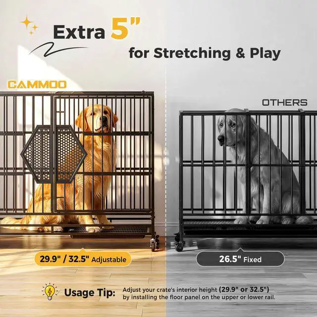Alt view image 5 of 7 - CAMMOO 48'' Heavy Duty Dog Crates for Large Dogs Escape-Proof Dual Top Fences, Reinforced Square Tube Frame, Dog Kennel Indoor, Easy-Clean Split Floor, Extra-Wide Door, Dog Cage for High Anxiety Dog