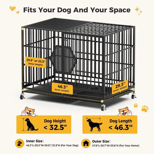Alt view image 6 of 7 - CAMMOO 48'' Heavy Duty Dog Crates for Large Dogs Escape-Proof Dual Top Fences, Reinforced Square Tube Frame, Dog Kennel Indoor, Easy-Clean Split Floor, Extra-Wide Door, Dog Cage for High Anxiety Dog