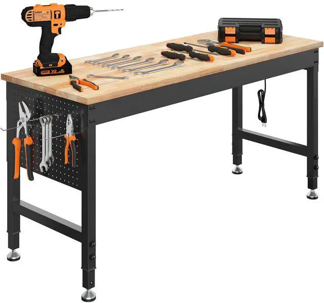 Main image of CAMMOO 60" Adjustable Heavy Duty Workbench, 2000 LBS Load Capacity Rubber Wood Work Table with Pegboard, Power Outlets, Work Bench for Garage, Workshop, Office, Home, Commercial