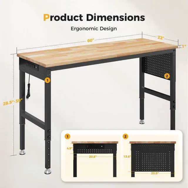 Alt view image 2 of 7 - CAMMOO 60" Adjustable Heavy Duty Workbench, 2000 LBS Load Capacity Rubber Wood Work Table with Pegboard, Power Outlets, Work Bench for Garage, Workshop, Office, Home, Commercial