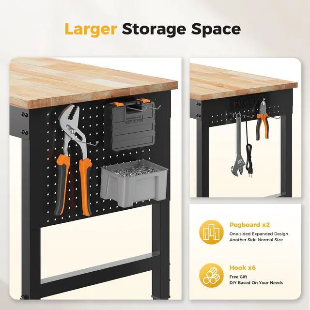 Alt view image 6 of 7 - CAMMOO 60" Adjustable Heavy Duty Workbench, 2000 LBS Load Capacity Rubber Wood Work Table with Pegboard, Power Outlets, Work Bench for Garage, Workshop, Office, Home, Commercial