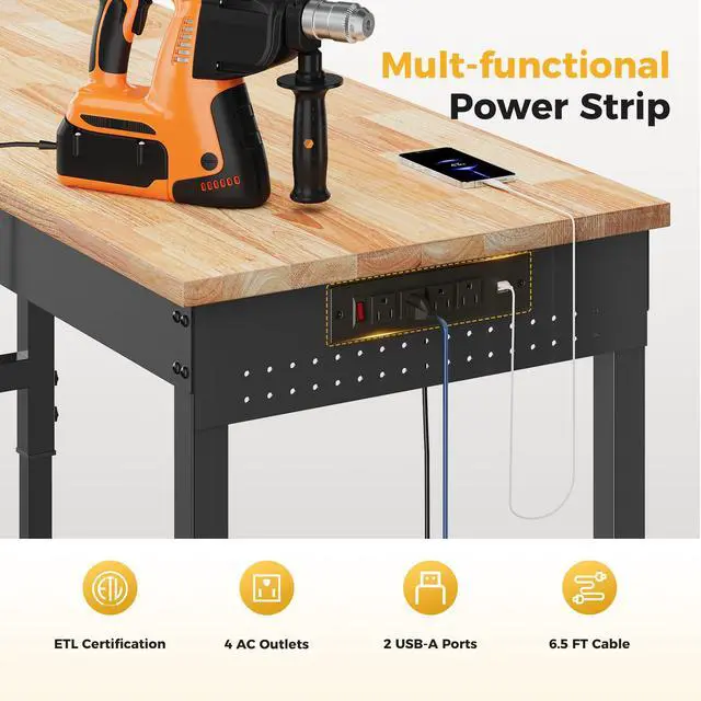 Alt view image 7 of 7 - CAMMOO 60" Adjustable Heavy Duty Workbench, 2000 LBS Load Capacity Rubber Wood Work Table with Pegboard, Power Outlets, Work Bench for Garage, Workshop, Office, Home, Commercial