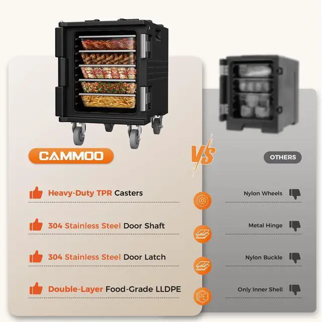 Alt view image 6 of 7 - CAMMOO 82qt Catering Food Warmers with Swivel Casters 304 Stainless Steel Latch & Door Shaft, Insulated Food Carrier Non-Electrical Hot Box for 5 Full-Size Pans(NOT Included), Hot Boxes for Catering