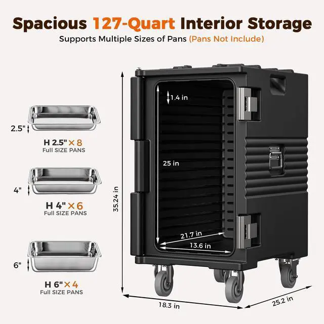 Alt view image 5 of 7 - CAMMOO 127QT Non-Electrical Catering Food Warmers with Casters, 304 Stainless Steel Latch & Door Shaft, Insulated Food Carrier for 8 Full-Size Pans(NOT Included), Food Warmer Hot Boxes for Catering