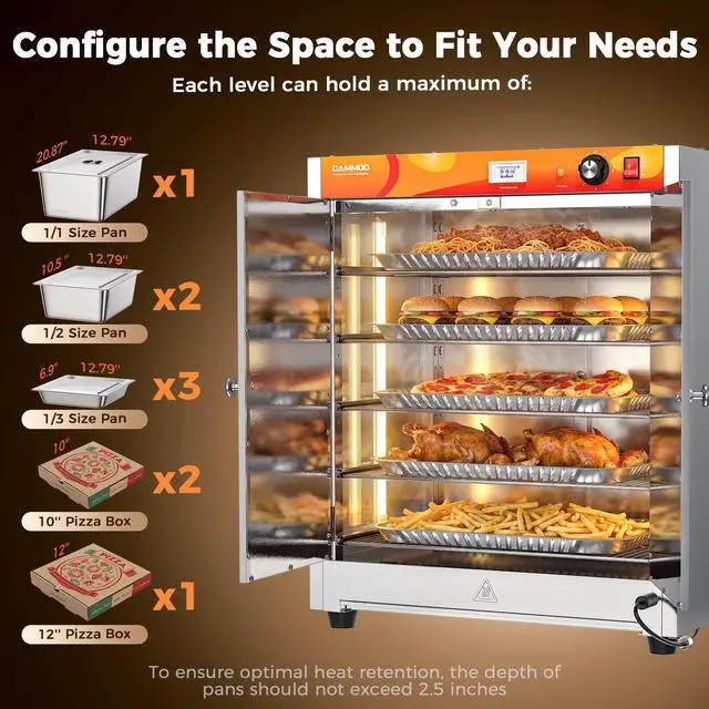Alt view image 4 of 7 - CAMMOO 133Qt 5-Tier 900W Electric Food Warmer with LED Light and 304 Blued Stainless Steel Heating Element, Commercial-Graded All Stainless Steel, Adjustable Shelf, Countertop Heated Holding Cabinet