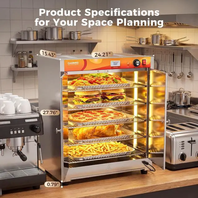 Alt view image 5 of 7 - CAMMOO 133Qt 5-Tier 900W Electric Food Warmer with LED Light and 304 Blued Stainless Steel Heating Element, Commercial-Graded All Stainless Steel, Adjustable Shelf, Countertop Heated Holding Cabinet