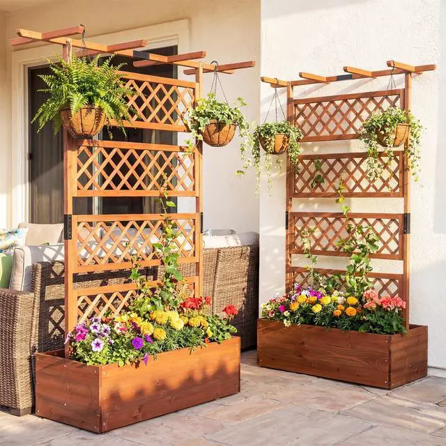 Alt view image 2 of 7 - GIANTEX Raised Garden Bed with Trellis 2 Pack, 72'' Wooden Planter Box Outdoor w/Privacy Screen Roof, Large Vertical Garden Planter w/Drainage Holes for Climbing Plants, Patio Balcony Backyard