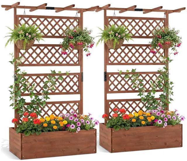 Main image of GIANTEX Raised Garden Bed with Trellis 2 Pack, 72'' Wooden Planter Box Outdoor w/Privacy Screen Roof, Large Vertical Garden Planter w/Drainage Holes for Climbing Plants, Patio Balcony Backyard