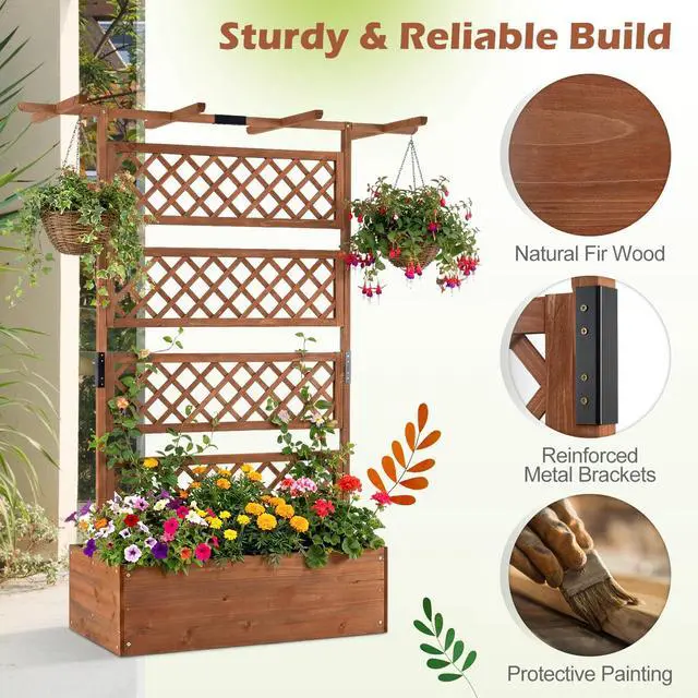 Alt view image 3 of 7 - GIANTEX Raised Garden Bed with Trellis 2 Pack, 72'' Wooden Planter Box Outdoor w/Privacy Screen Roof, Large Vertical Garden Planter w/Drainage Holes for Climbing Plants, Patio Balcony Backyard