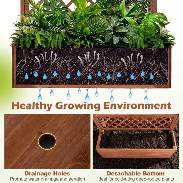 Alt view image 4 of 7 - GIANTEX Raised Garden Bed with Trellis 2 Pack, 72'' Wooden Planter Box Outdoor w/Privacy Screen Roof, Large Vertical Garden Planter w/Drainage Holes for Climbing Plants, Patio Balcony Backyard