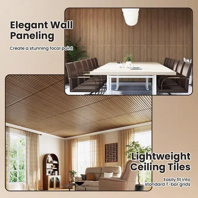 Alt view image 7 of 7 - Giantex 24 Pack Fluted PVC Wall Panels, 48"x24" Decorative Slat Ceiling Tiles, Glue Up or Drop Ceiling Panel, Waterproof 3D Wall Panels for Living Room, Bathroom, Office, Covers 192 Sq.Ft, Walnut