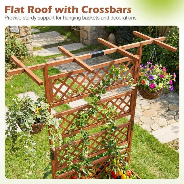 Alt view image 5 of 7 - GIANTEX Raised Garden Bed with Trellis 2 Pack, 72'' Wooden Planter Box Outdoor w/Privacy Screen Roof, Large Vertical Garden Planter w/Drainage Holes for Climbing Plants, Patio Balcony Backyard