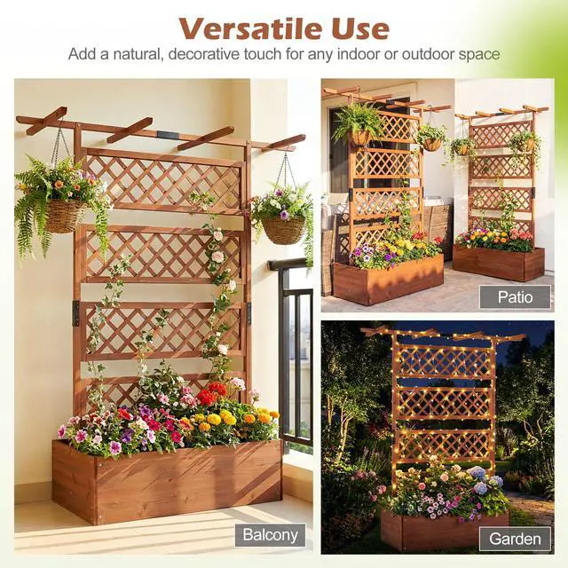 Alt view image 7 of 7 - GIANTEX Raised Garden Bed with Trellis 2 Pack, 72'' Wooden Planter Box Outdoor w/Privacy Screen Roof, Large Vertical Garden Planter w/Drainage Holes for Climbing Plants, Patio Balcony Backyard