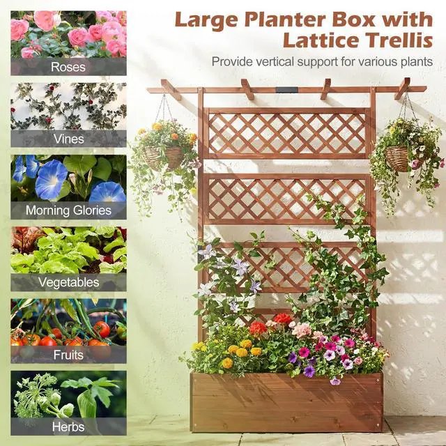 Alt view image 6 of 7 - GIANTEX Raised Garden Bed with Trellis 2 Pack, 72'' Wooden Planter Box Outdoor w/Privacy Screen Roof, Large Vertical Garden Planter w/Drainage Holes for Climbing Plants, Patio Balcony Backyard