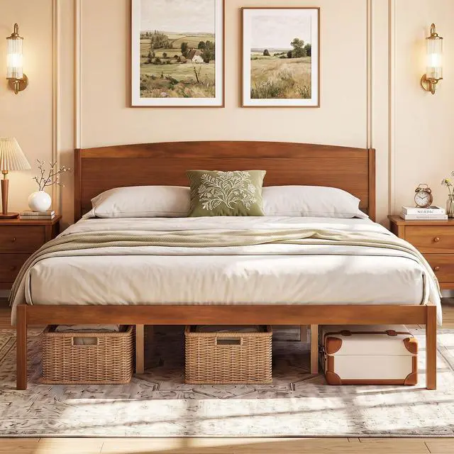 Main image of GIANTEX King Size Wooden Bed Frame with Curved Headboard, Wood Slat Support