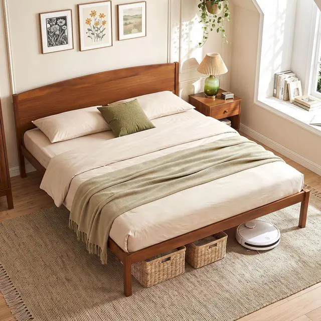 Alt view image 2 of 7 - GIANTEX King Size Wooden Bed Frame with Curved Headboard, Wood Slat Support
