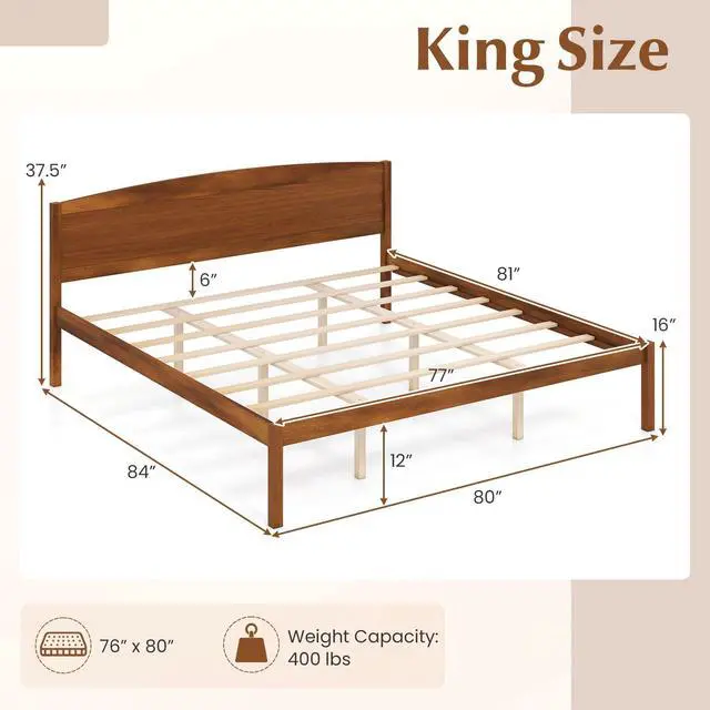 Alt view image 3 of 7 - GIANTEX King Size Wooden Bed Frame with Curved Headboard, Wood Slat Support